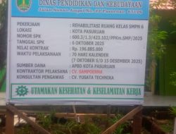 Proyek Rehabilitasi Ruang Kelas SMPN 6 Kota Pasuruan Diduga Abaikan Standar Material dan Keselamatan Kerja