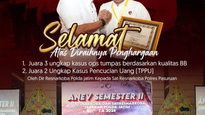 Penyerahan penghargaan kepada Satresnarkoba Polres Pasuruan dalam Anev Polda Jatim Tahun 2025.