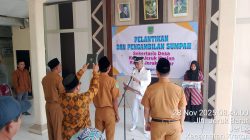Pelantikan dan pengambilan sumpah jabatan Sekretaris Desa dan Kepala Dusun di Balai Desa Jeruk, Kecamatan Kraton, Pasuruan, dihadiri perangkat desa, Forkopimka, dan tokoh masyarakat.