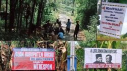 WARGA DUSUN PANCUR KECEWA, BENTANG BANNER DAN COR JALAN DENGAN SWADAYA